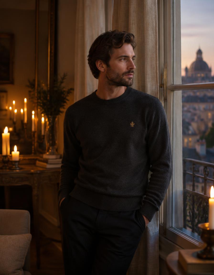 Man in a charcoal cashmere crewneck with a small gold crest, by a window at dusk